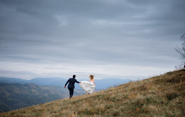 Fototapeta na wymiar The brides running along hillside