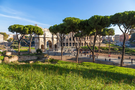 Rome, Italy. Scenic view of the Colosseum and the arch of Constantine on Capitol Hill