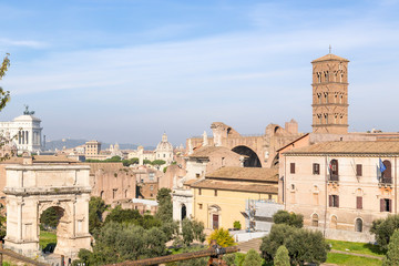 Rome, Italy. Roman Forum Arch of Septimius Severus and the medieval church of Santa Francesca Romana