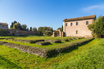 Rome, Italy. St. Sebastian Church (X century) and the ruins of Elagabalium (III century)