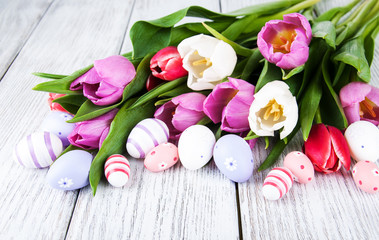 Easter eggs and tulips