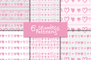 Doodle seamless pattern set with hearts