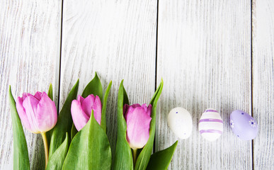 Easter eggs and tulips