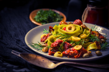 Warm lunch Pasta tomato sauce capers asparagus Magic light