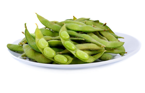 green soybeans Janpan in the dish  on white background