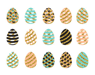 Vector illustration of easter eggs set with striped pink blue gold eggs