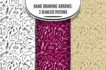 Hand drawing arrows 3 seamless patterns set. Abstract doodle texture for your design. Vector illustration