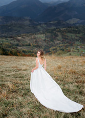 Fototapeta na wymiar Charming elegant bride holds her dress posing on green hill