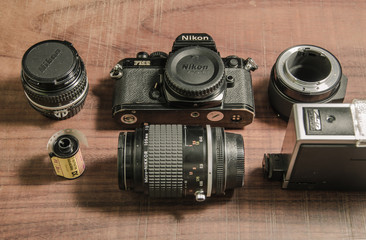 Classic film 35 mm on a wooden table