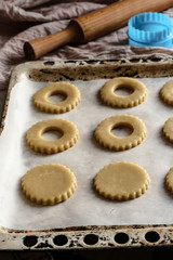 raw pastry (dough) round shape (ring) on ​​a baking sheet for baking