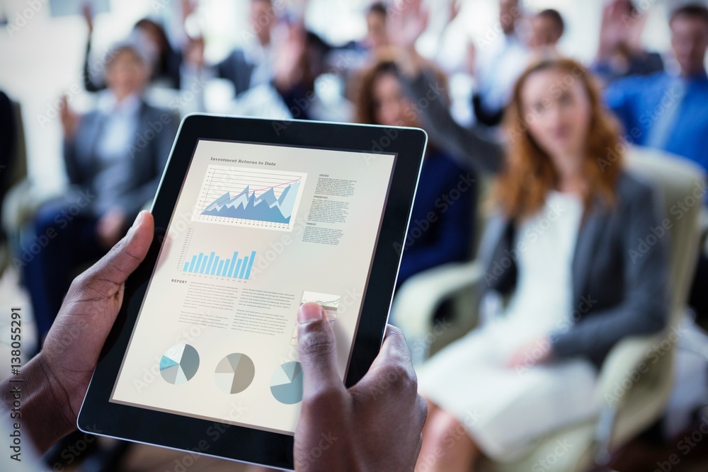 Poster composite image of business interface with graphs and data