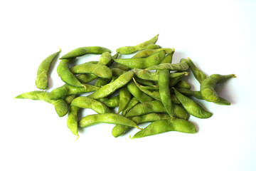 Green soybeans on white background