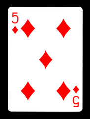 Five of Diamonds playing card, isolated on black background.