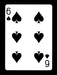 Six of spades playing card, isolated on black background.