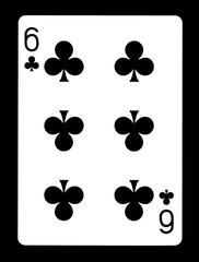Fototapeta na wymiar Six of clubs playing card, isolated on black background.