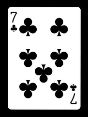 Seven of clubs playing card, isolated on black background.