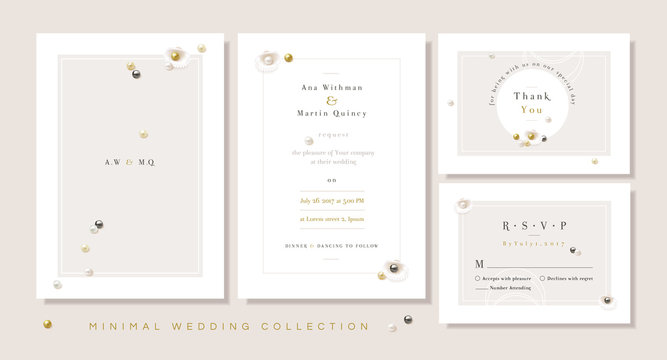Minimal wedding collection templates, invitation front and back, thank you card and rsvp in soft color hues with seashells and gemstone pearls