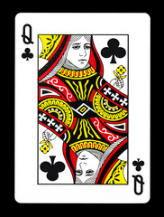 Queen of clubs playing card, isolated on black background.