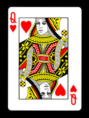 Queen of hearts playing card, isolated on black background.