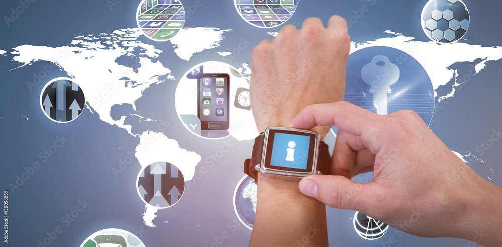 Poster composite image of cropped image of man using watch 3d