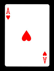 Ace of hearts playing card, isolated on black background.