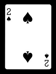Two of spades playing card, isolated on black  background.