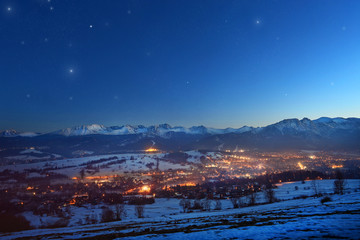 Starry night with the beautiful town of Zakopane - Poland