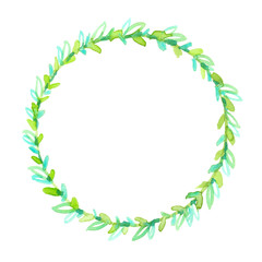Simple round wreath with small cute brightly colored green leaves painted in watercolor on clean white background