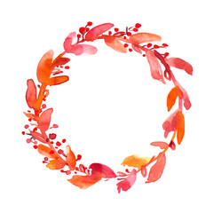 Simple round wreath with yellow, orange and red leaves and berries painted in watercolor on clean white background