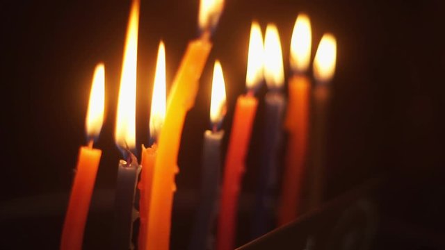 Close-up view down at candles in Hanukkah