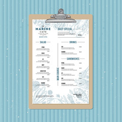 Seafood menu template. Fish restaurant design template. Vector illustration - obrazy, fototapety, plakaty