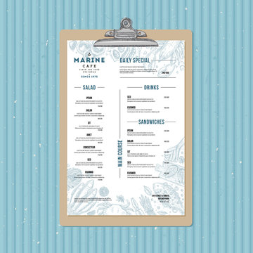Seafood menu template. Fish restaurant design template. Vector illustration