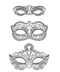 Beautiful black lace masquerade mask isolated on white background. Ornate