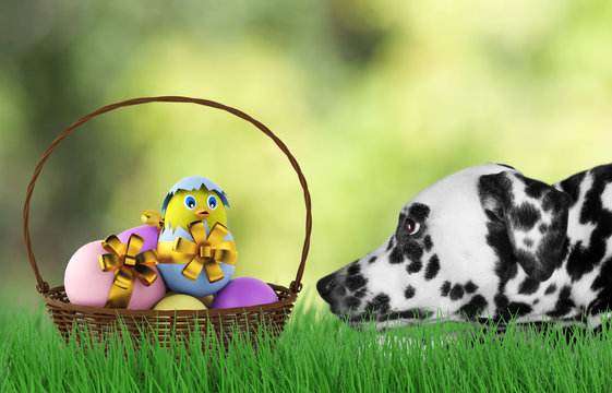 Easter Dog With Eggs In Basket