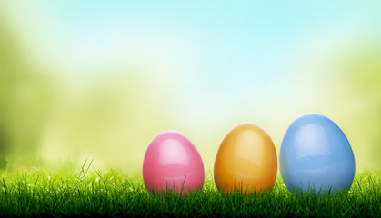 Fototapeta na wymiar Decorated Easter Eggs, blades of Green Grass with a blurred bokeh sky blue and green garden foliage background.