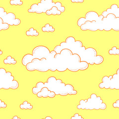 Seamless doodle pattern. Cartoon white clouds on a yellow background.