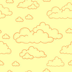 Seamless doodle pattern. Cartoon clouds contour on a yellow background. Vector.