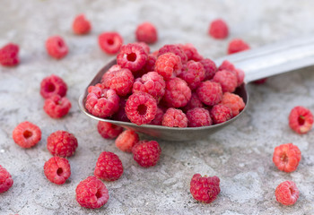 fruit raspberries in the metallic spoon
