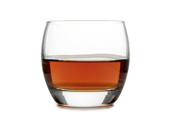 Glass with brandy and cognac on white background