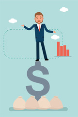 Concept flat vector business illustration. Stock broker. A businessman falls from the dollar sign.