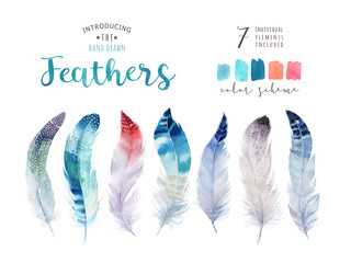 Hand drawn watercolor paintings vibrant feather set. Boho style wings. illustration isolated on white. Bird fly design for T-shirt, invitation, wedding card.Rustic Bright colors.