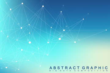 Geometric graphic background molecule and communication. Big data complex with compounds. Perspective backdrop. Minimal array. Digital data visualization. Scientific cybernetic vector illustration.