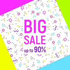 Big sale banner, geometric white background, memphis style, neon colors