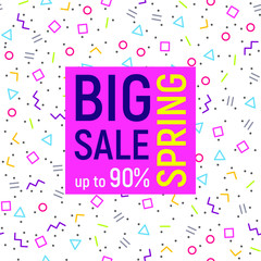 Big spring sale geometric background, memphis style, neon colors