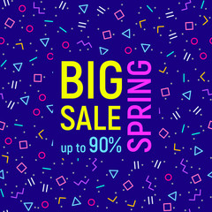 Big spring sale geometric background, memphis style, neon colors