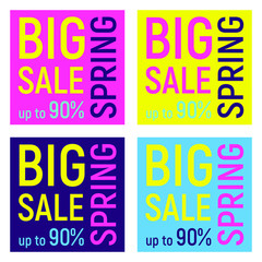 Set of four Big spring sale banners, geometric memphis style, neon colors.