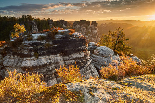 Gold sunrise in Saxon, Bastei, Saxon Switzerland, Germany