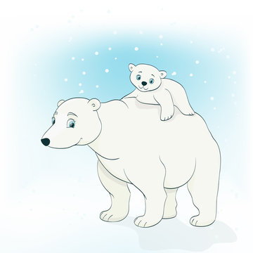 mother polar bear with her child on back in winter cartoon vector illustration.