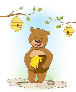 cute little cartoon bear eating honey, beehives on trees. vector illustration