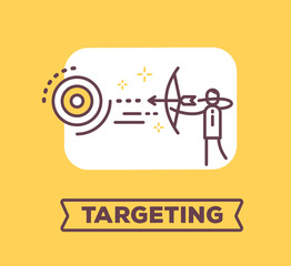 Vector business illustration of a man shoots a bow right on target on yellow background with title.